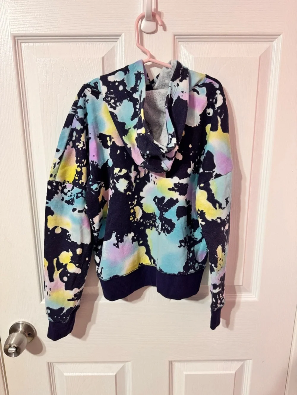 Justice Navy Pullover Hoodie with Pastel Tie-Dye and Gold Logo size S 7/8